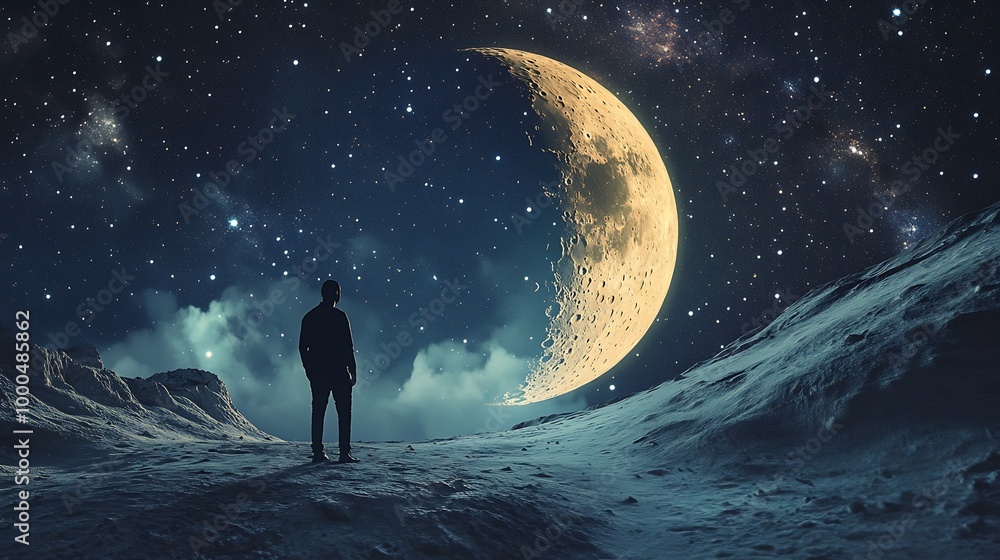 Fototapeta premium A man stands alone on a snow-covered hill, gazing at a giant crescent moon in a starry sky.