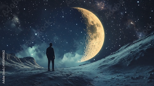 A man stands alone on a snow-covered hill, gazing at a giant crescent moon in a starry sky.
