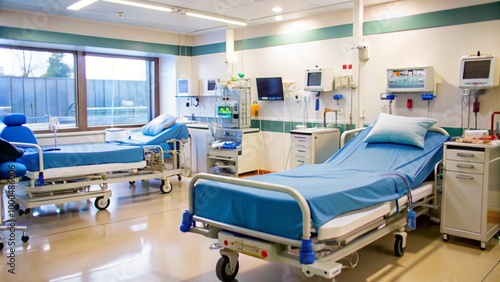 A hospital room with two beds, medical equipment, and a window.