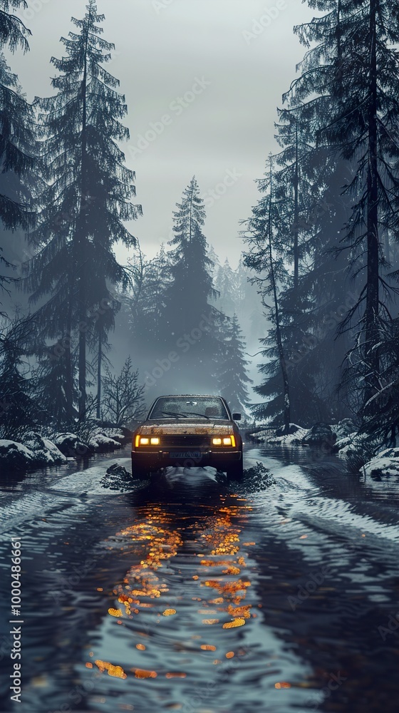 Car Driving Through a Foggy Winter Forest Car Driving Through a Foggy Winter Forest