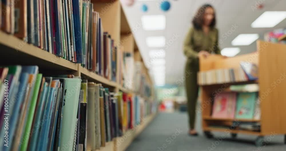 Woman, library and book shelf with cart for literature, novel or packing stock at bookstore. Female person, employee or librarian checking bookcase, inventory or rack with wooden trolley of knowledge Woman, library and book shelf with cart for literature, novel or packing stock at bookstore. Female person, employee or librarian checking bookcase, inventory or rack with wooden trolley of knowledge