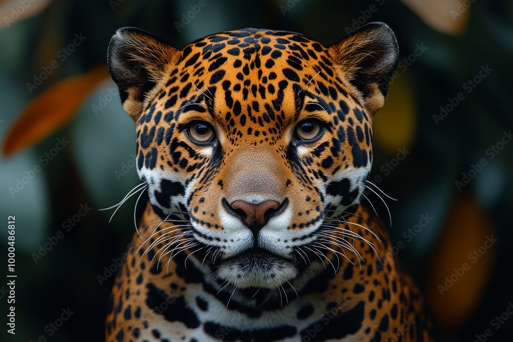 Obraz premium Close-up of a majestic jaguar in its natural habitat, showcasing its powerful presence.