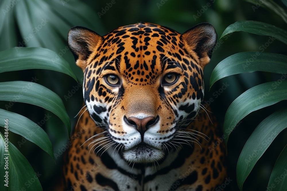Fototapeta premium Majestic jaguar peering through lush green foliage in a dense jungle setting.