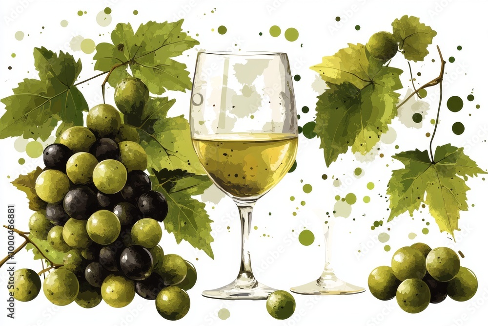 A glass of white wine surrounded by fresh green grapes and grape leaves set against a white background evoking a fresh vineyard aesthetic and a calm mood A glass of white wine surrounded by fresh green grapes and grape leaves set against a white background evoking a fresh vineyard aesthetic and a calm mood