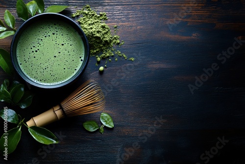 Overhead view of a traditional Japanese matcha tea set on a dark wood background