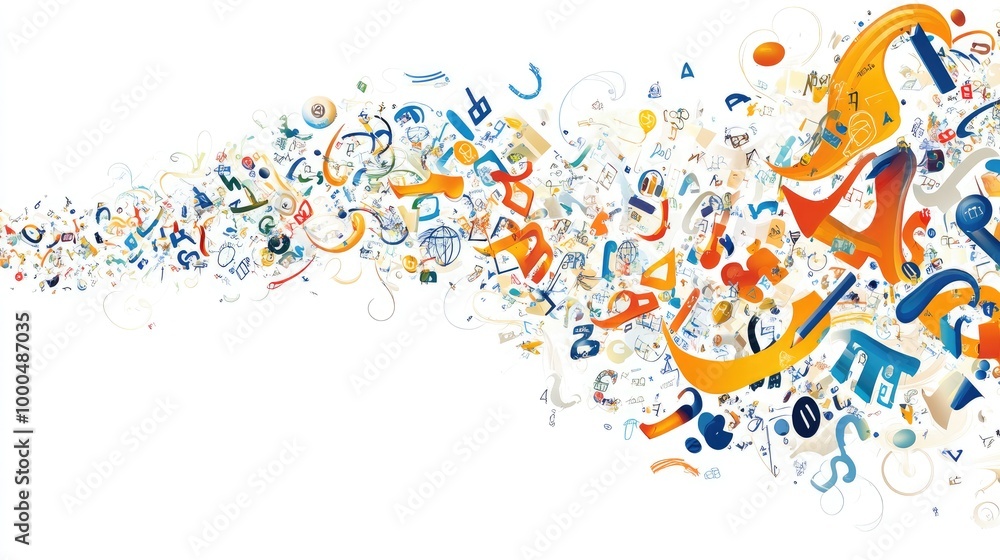 Fototapeta premium Swirling trails of letters, symbols, and academic tools form an intricate abstract design on a white background, representing knowledge and growth