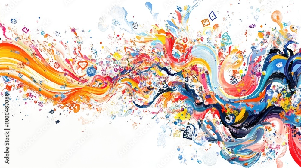 Fototapeta premium Swirling vibrant trails of educational symbols create a stunning abstract design on a white background, evoking knowledge and growth