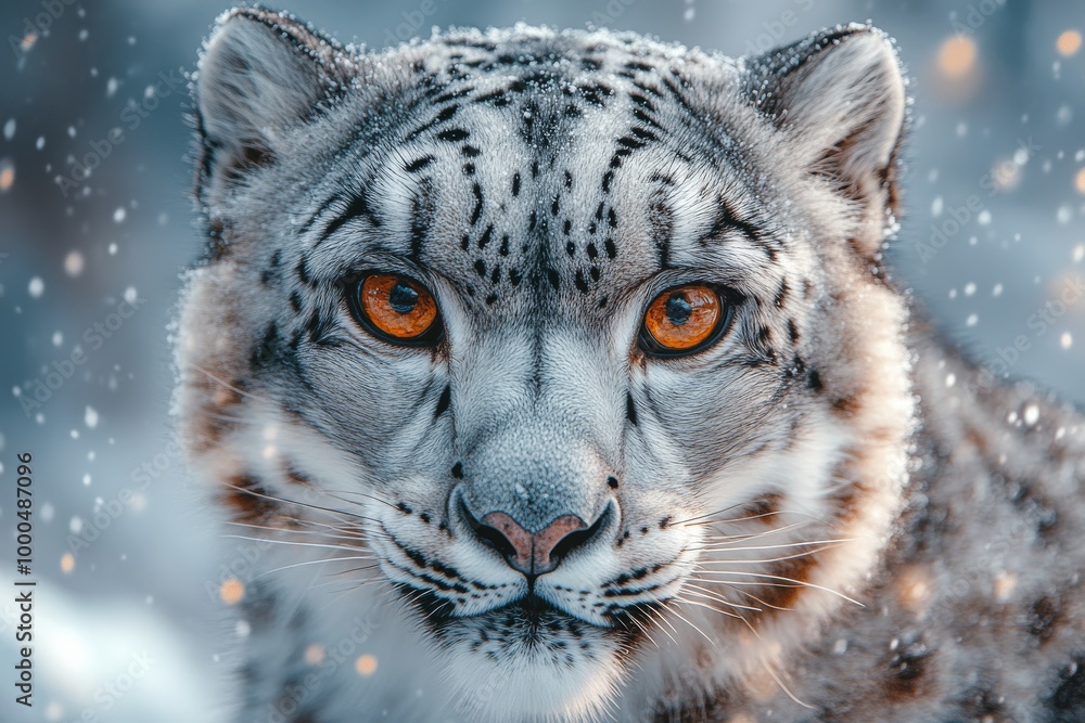 Fototapeta premium A close-up of a majestic snow leopard with vibrant orange eyes surrounded by falling snowflakes.