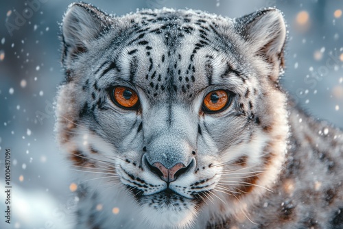 A close-up of a majestic snow leopard with vibrant orange eyes surrounded by falling snowflakes.