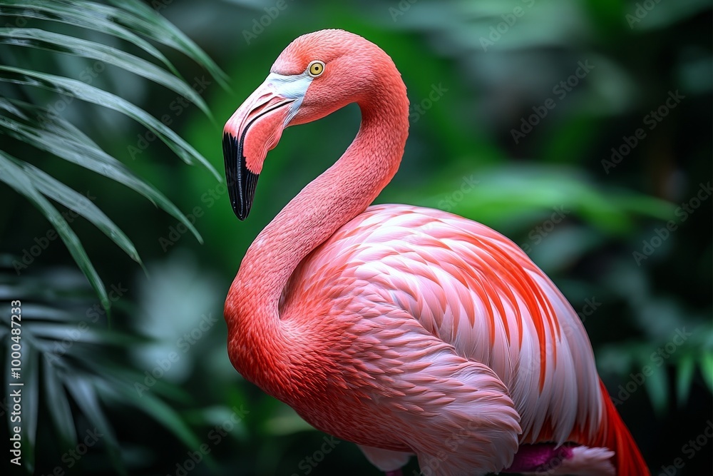 Obraz premium A vibrant pink flamingo stands gracefully among lush green foliage.
