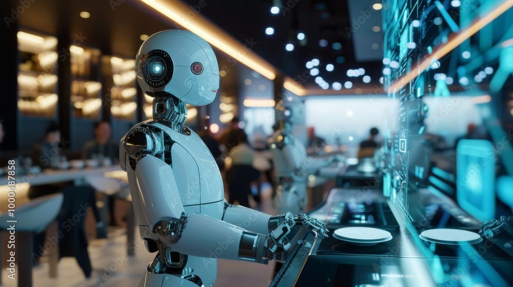 Humanoid robots interact with futuristic digital screens in a tech-driven restaurant. The setting is modern and dynamic, highlighting the integration of robotics into daily life, particularly in Humanoid robots interact with futuristic digital screens in a tech-driven restaurant. The setting is modern and dynamic, highlighting the integration of robotics into daily life, particularly in