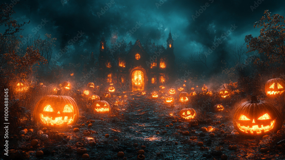 Spooky Halloween scene with glowing jack-o'-lanterns. Spooky Halloween scene with glowing jack-o'-lanterns.