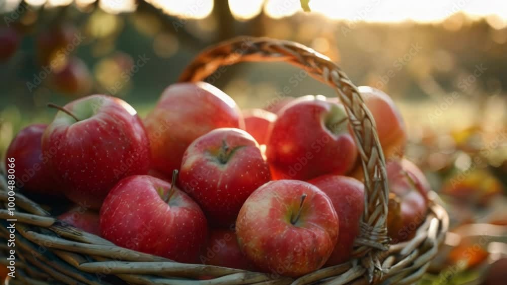 A rustic, woven basket overflowing with ripe, juicy red apples, elegantly surrounded by vibrant autumn foliage A rustic, woven basket overflowing with ripe, juicy red apples, elegantly surrounded by vibrant autumn foliage