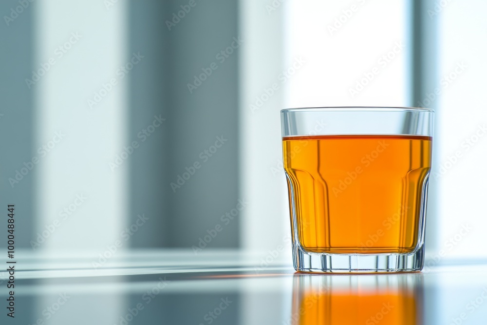 A shot glass of whiskey placed in a sleek modern setting with soft lighting illuminating the rich amber tones of the drink A shot glass of whiskey placed in a sleek modern setting with soft lighting illuminating the rich amber tones of the drink