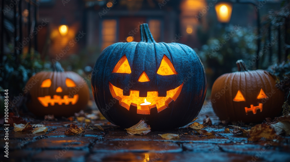 Lit jack-o'-lanterns on a brick pathway. Lit jack-o'-lanterns on a brick pathway.