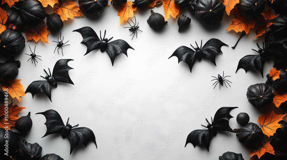 Black bats and spiders on a white background with orange leaves. Black bats and spiders on a white background with orange leaves.
