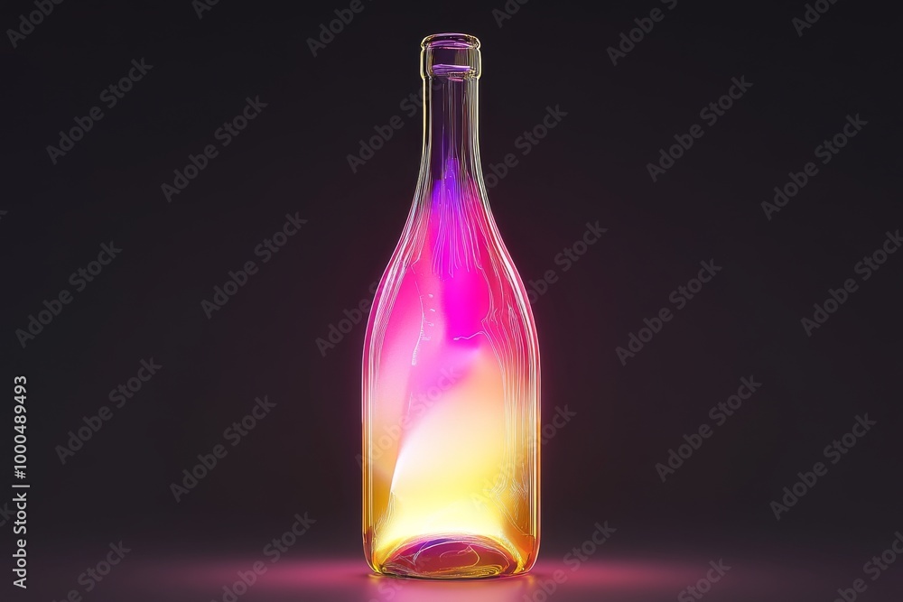 Glowing pink and yellow bottle against a dark background creating a magical futuristic aesthetic with neon highlights and soft lighting Glowing pink and yellow bottle against a dark background creating a magical futuristic aesthetic with neon highlights and soft lighting