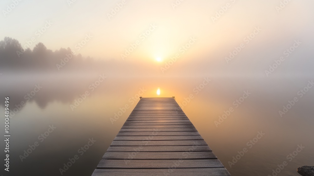 Fototapeta premium Serene Sunrise Over Foggy Lake