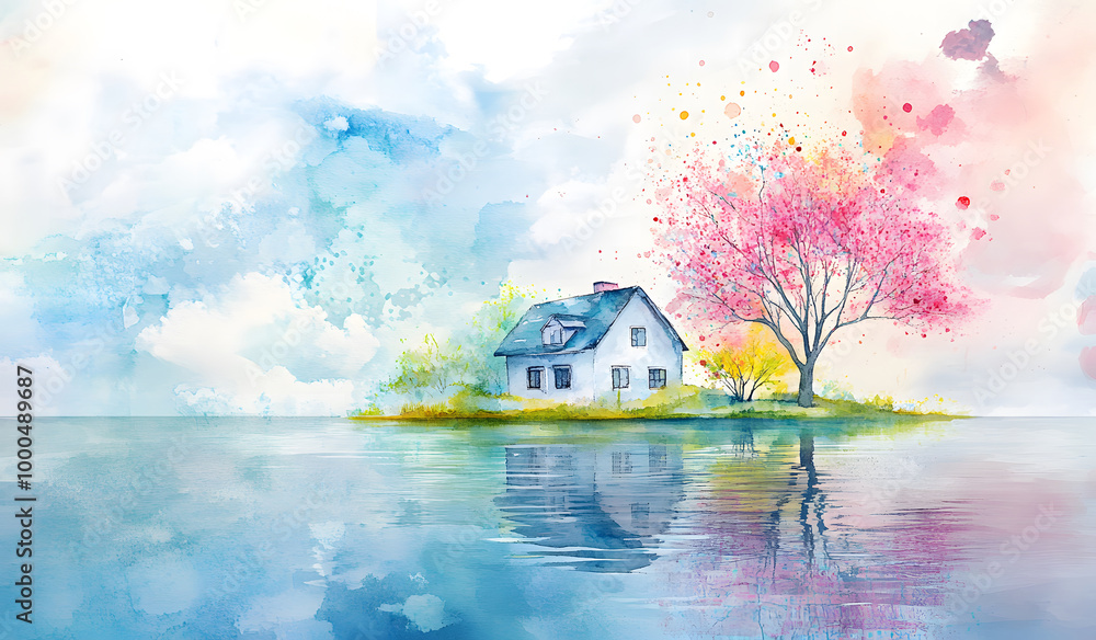 Fototapeta premium Watercolor Cottage by the Lake with Vibrant Trees
