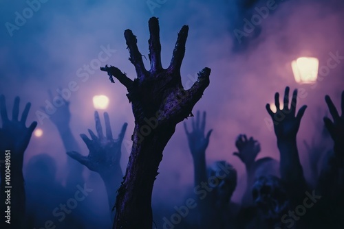 Zombie hands rising in dark Halloween night. - generative ai