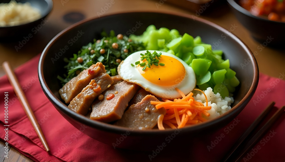 A plate of rice, fried egg, tomatoes, and sliced beef or pork. The dish appears to be a savory and hearty meal, with the egg yolk providing a creamy contrast to the other ingredients. A plate of rice, fried egg, tomatoes, and sliced beef or pork. The dish appears to be a savory and hearty meal, with the egg yolk providing a creamy contrast to the other ingredients.