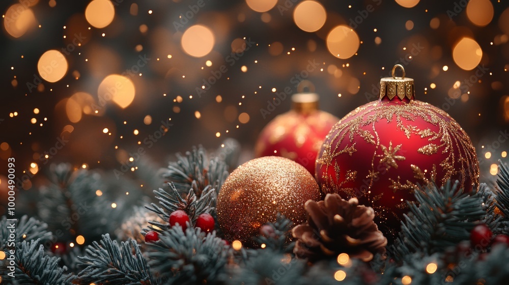 Christmas and New Year holidays background. Christmas tree with red baubles and lights bokeh background. Space for text. Copy space. Greeting card. Christmas and New Year holidays background. Christmas tree with red baubles and lights bokeh background. Space for text. Copy space. Greeting card.