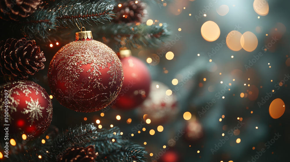 Christmas and New Year holidays background. Christmas tree with red baubles and lights bokeh background. Space for text. Copy space. Greeting card. Christmas and New Year holidays background. Christmas tree with red baubles and lights bokeh background. Space for text. Copy space. Greeting card.