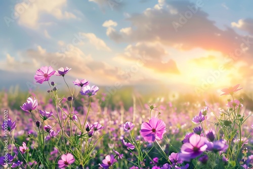 Beautiful flower field rural landscape at sunrise