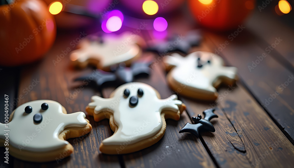 Delicious spooky Halloween themed ghost and bat shaped sugar cookies with icing for festive season celebration on rustic wooden table decorated with glowing purple and orange lights and pumpkins. Delicious spooky Halloween themed ghost and bat shaped sugar cookies with icing for festive season celebration on rustic wooden table decorated with glowing purple and orange lights and pumpkins.