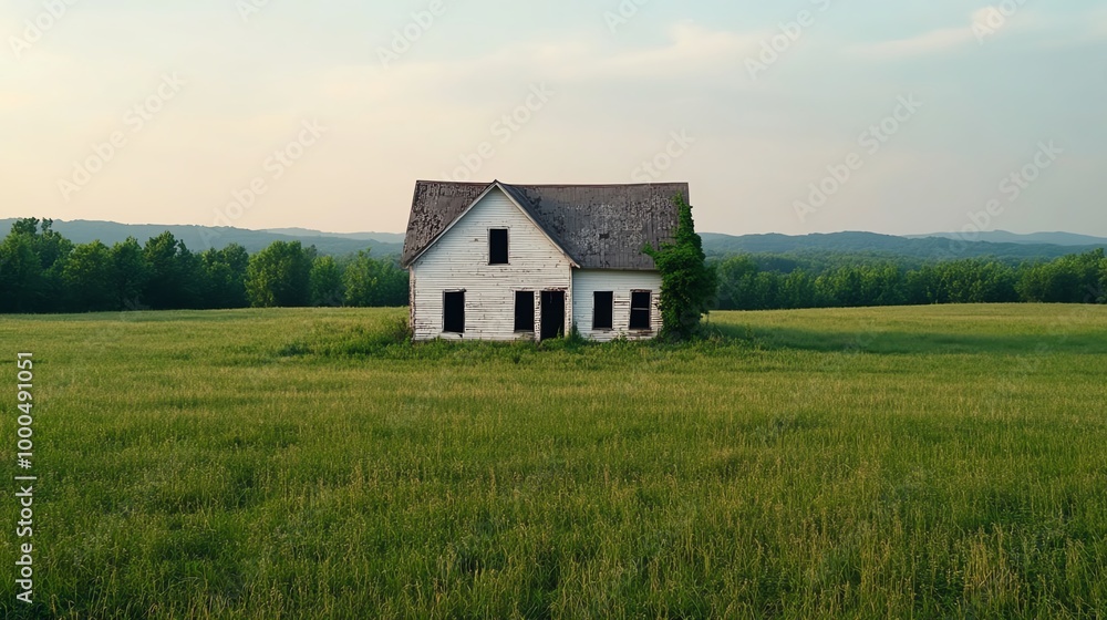 An abandoned house stands alone in a vast green field under a serene sky, evoking a sense of nostalgia and tranquility. An abandoned house stands alone in a vast green field under a serene sky, evoking a sense of nostalgia and tranquility.