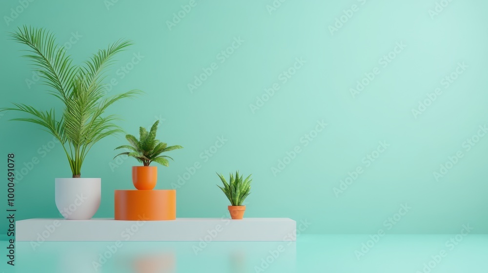 Stylish indoor plants in vibrant pots on a minimalistic shelf against a mint background. Stylish indoor plants in vibrant pots on a minimalistic shelf against a mint background.