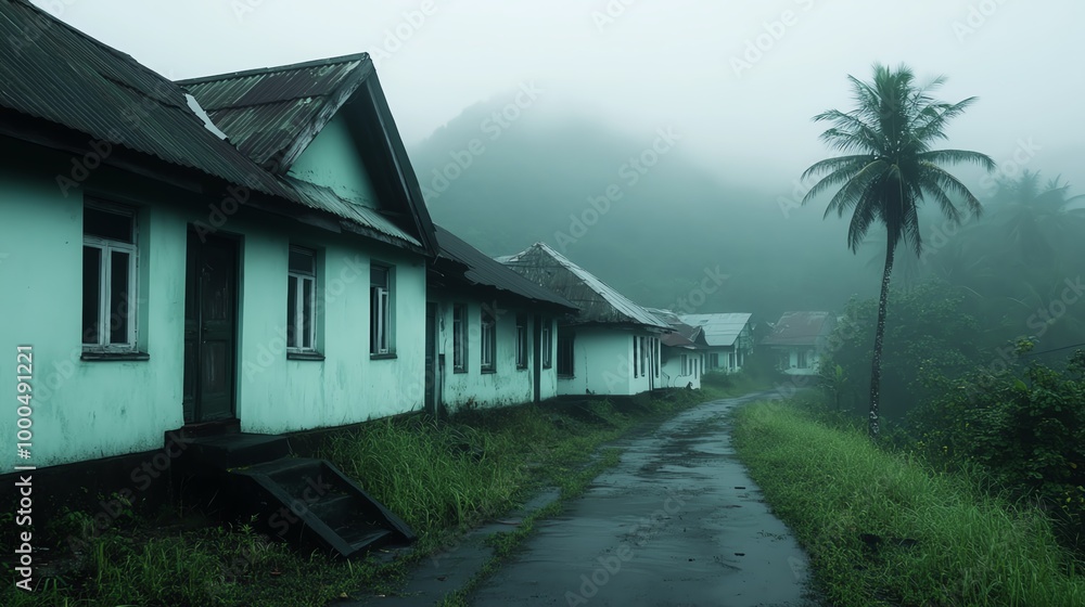 A serene, misty pathway near abandoned houses surrounded by lush greenery and palm trees, creating an eerie, tranquil atmosphere. A serene, misty pathway near abandoned houses surrounded by lush greenery and palm trees, creating an eerie, tranquil atmosphere.