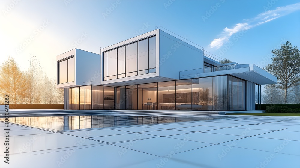 Architectural blueprint images of a contemporary villa with large windows and airy spaces Architectural blueprint images of a contemporary villa with large windows and airy spaces