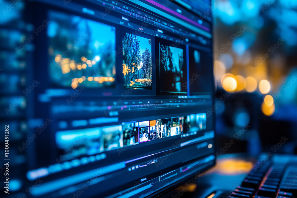 Naklejka premium Detailed Insight into Video Editing: Monitor Display with Timeline