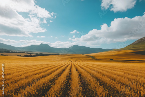 Rural Charm: A Landscape of Golden Crop Fields at a Farm