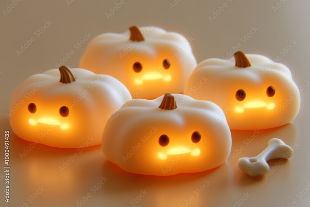Group of adorable glowing mini jack o lantern pumpkins with soft faces set on a reflective surface against a warm background with fairy lights creating a cozy Halloween feel