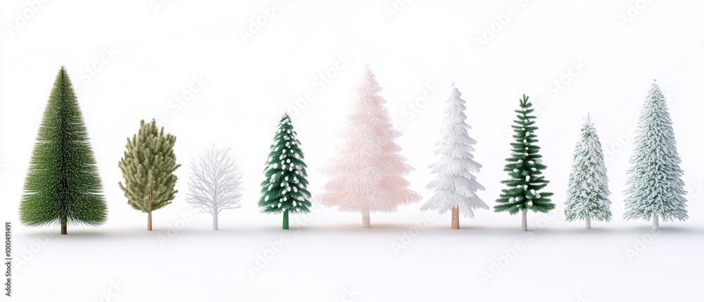 Fototapeta premium A collection of different Christmas tree varieties, from green to snow-covered, arranged in a neat row against a bright white background.