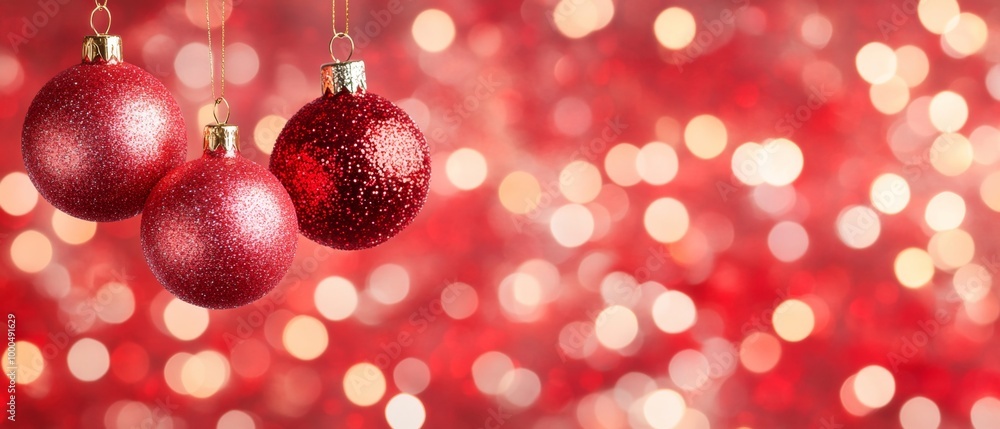 Red Christmas ornament hanging from a frosted pine branch. Warm lights in the background create a soft bokeh effect Red Christmas ornament hanging from a frosted pine branch. Warm lights in the background create a soft bokeh effect