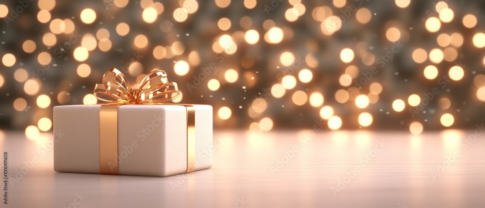 A white gift box wrapped with gold ribbon sits on a snowy surface, with softly glowing bokeh lights and trees in the background. A white gift box wrapped with gold ribbon sits on a snowy surface, with softly glowing bokeh lights and trees in the background.
