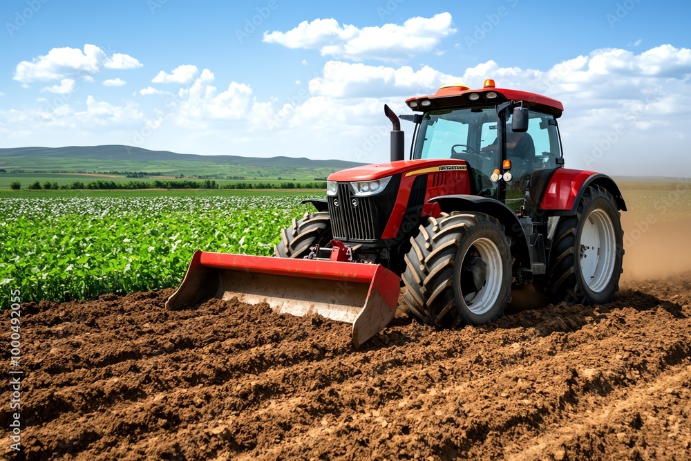 Fototapeta premium Tractor plowing through rich soil, kicking up dust in the air as it moves across a vast farm, preparing the land for planting