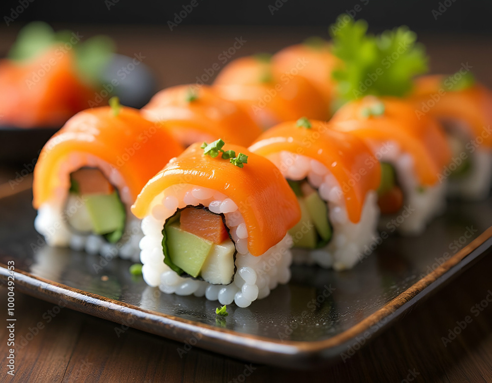 サーモンとキュウリとご飯を添えた巻き寿司 サーモンとキュウリとご飯を添えた巻き寿司