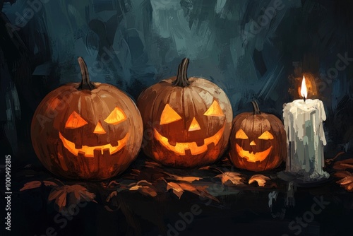 Halloween pumpkins with cut faces and candles dark holiday card - generative ai