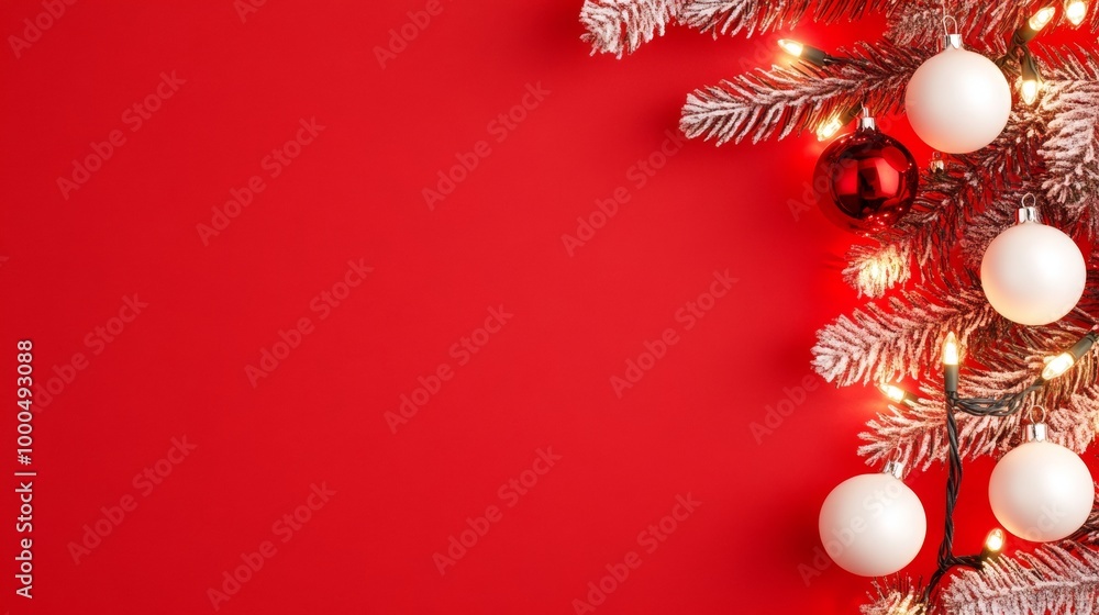 Frosted pine branches with white red gold Christmas ornaments and lights on a bright red background. A perfect festive layout with space for text. Frosted pine branches with white red gold Christmas ornaments and lights on a bright red background. A perfect festive layout with space for text.