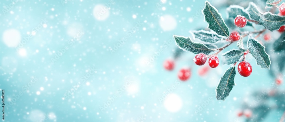 Frost-covered holly branch with bright red berries against a snowy, blue sky backdrop. Soft snowfall adds a wintery atmosphere Frost-covered holly branch with bright red berries against a snowy, blue sky backdrop. Soft snowfall adds a wintery atmosphere