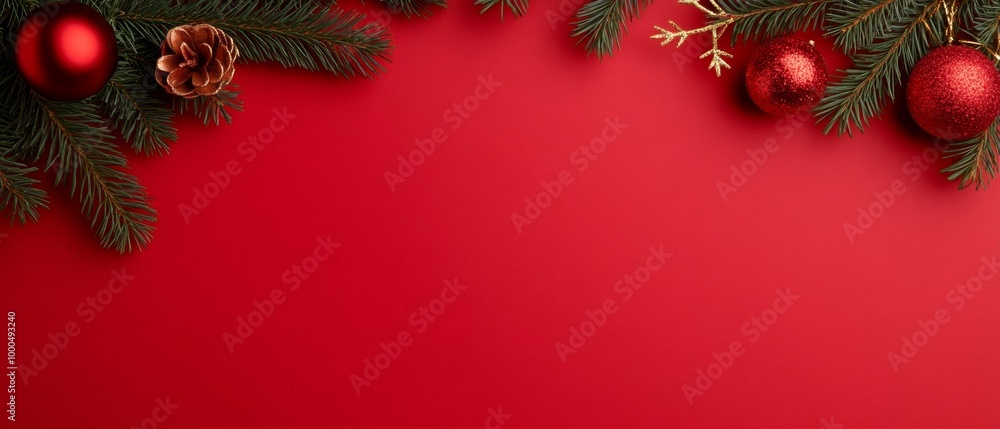 Frosted pine branches with white red gold Christmas ornaments and lights on a bright red background. A perfect festive layout with space for text. Frosted pine branches with white red gold Christmas ornaments and lights on a bright red background. A perfect festive layout with space for text.