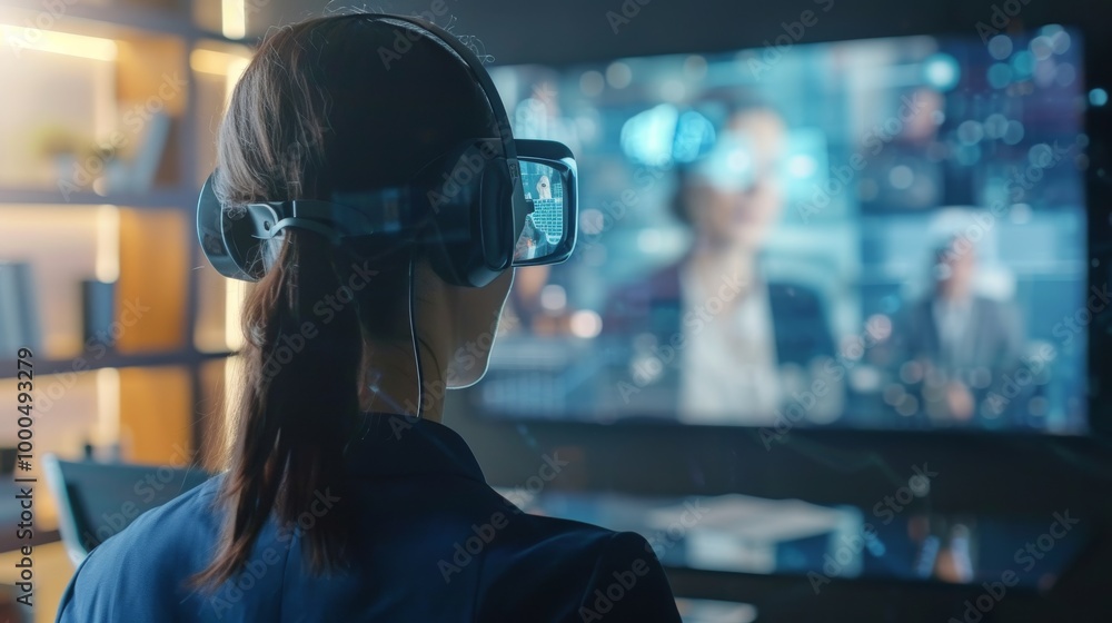 A woman wears a virtual reality headset while engaging in a digital meeting displayed on a large screen. The futuristic office setting emphasizes virtual collaboration and advanced technology in the A woman wears a virtual reality headset while engaging in a digital meeting displayed on a large screen. The futuristic office setting emphasizes virtual collaboration and advanced technology in the