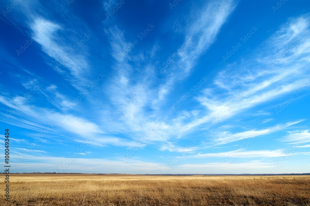 Vast blue sky with wispy clouds over golden grassland at midday. Generative AI Vast blue sky with wispy clouds over golden grassland at midday. Generative AI