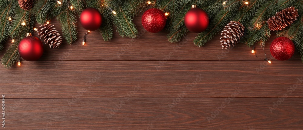 Christmas arrangement with red baubles, pinecones, and berries laid out against a dark background. Christmas arrangement with red baubles, pinecones, and berries laid out against a dark background.