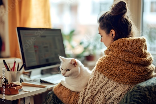 Cozy indoor afternoon with a woman and her cat working on a computer. Generative AI photo