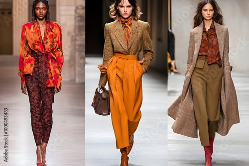 Models showcasing vibrant fall fashion during runway show in a grand setting. Generative AI